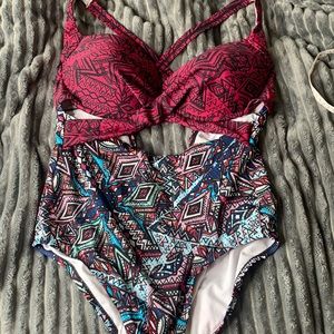 Swimsuits For All Red and Blue Geometric One Piece
